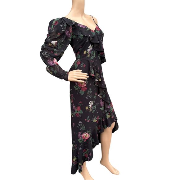 AMUR Pasqualena Dress Size 6 Floral Asymmetric Ruffle Puff Sleeve Midi Backless - Picture 4 of 11